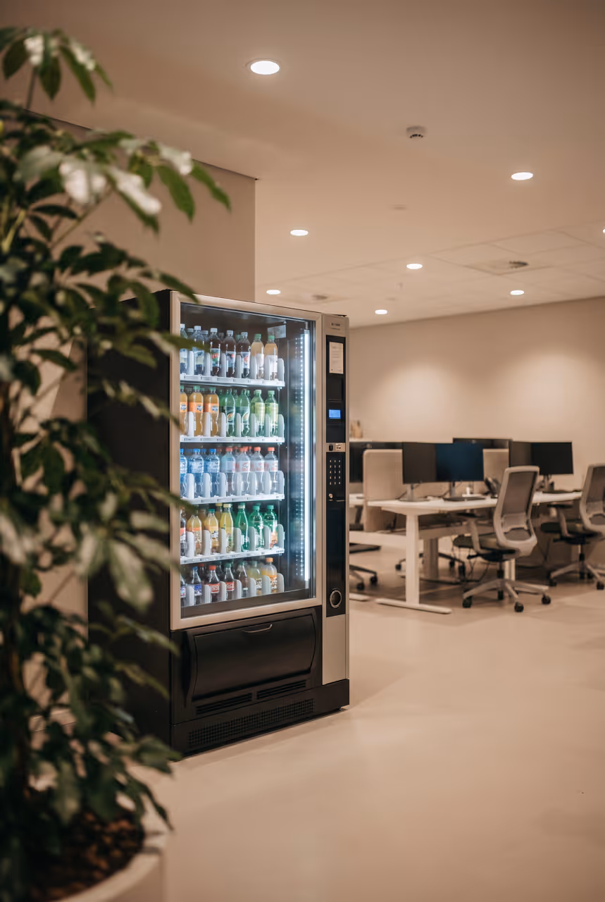 Indoor vending machine stocked with beverages inside a modern office with desks and chairs.