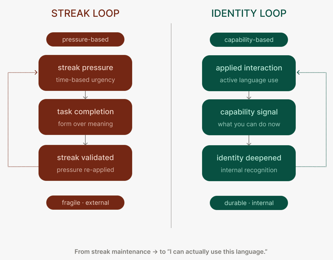 Diagram showing Streak Loop as pressure-based and Identity Loop as capability-based language learning cycles.
