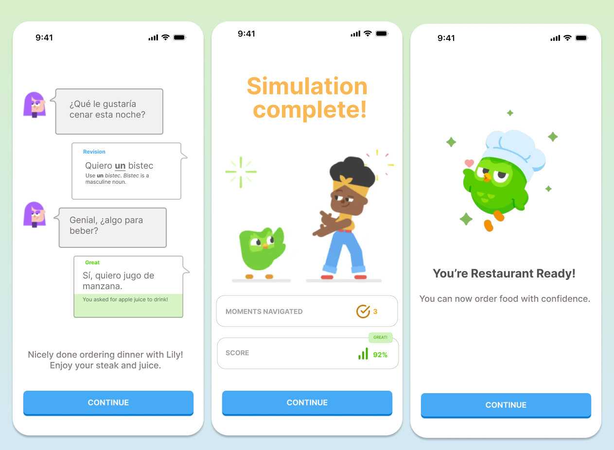 Four smartphone screens from a language learning app showing achievement of Unit 1, progression to ordering food and drink practice, a Spanish dialogue ordering steak and juice, and a character celebrating being restaurant ready.