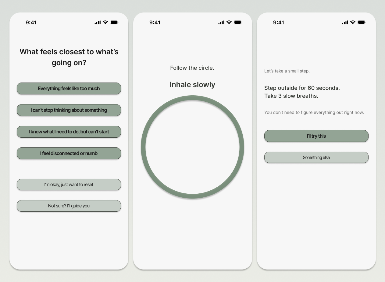 Four mobile screens showing a mental health app providing real-time micro-interventions with options to check in feelings, a breathing timer, a small outdoor step suggestion, and progress from overwhelmed to slightly calmer.