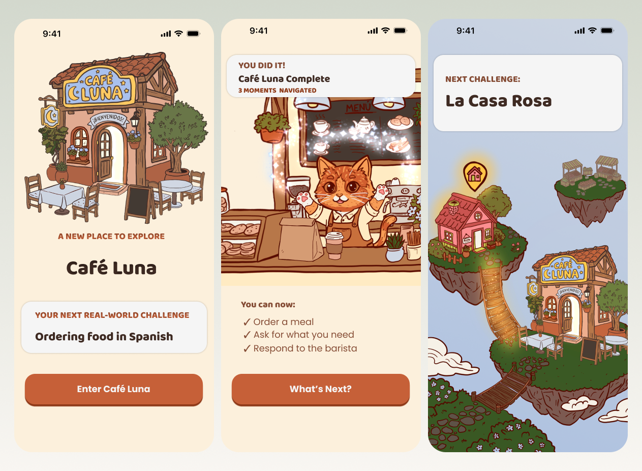 Four smartphone screens from a language learning app showing achievement of Unit 1, progression to ordering food and drink practice, a Spanish dialogue ordering steak and juice, and a character celebrating being restaurant ready.