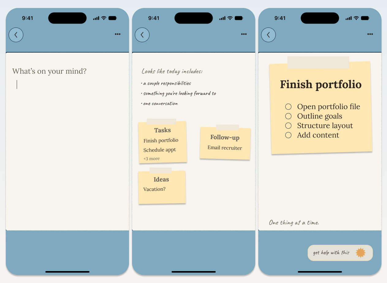 Four mobile screens showing a mental health app providing real-time micro-interventions with options to check in feelings, a breathing timer, a small outdoor step suggestion, and progress from overwhelmed to slightly calmer.