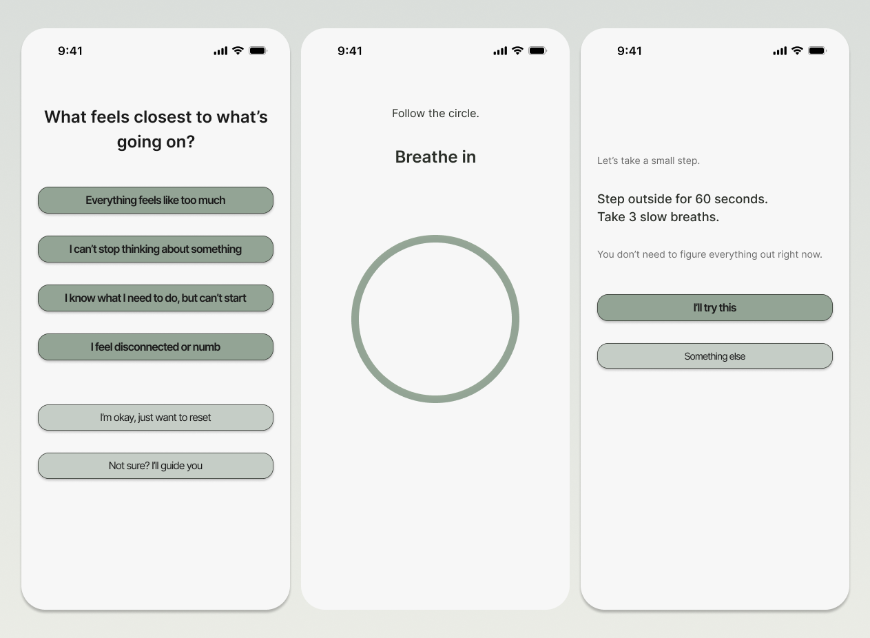 Four mobile screens showing a mental health app providing real-time micro-interventions with options to check in feelings, a breathing timer, a small outdoor step suggestion, and progress from overwhelmed to slightly calmer.