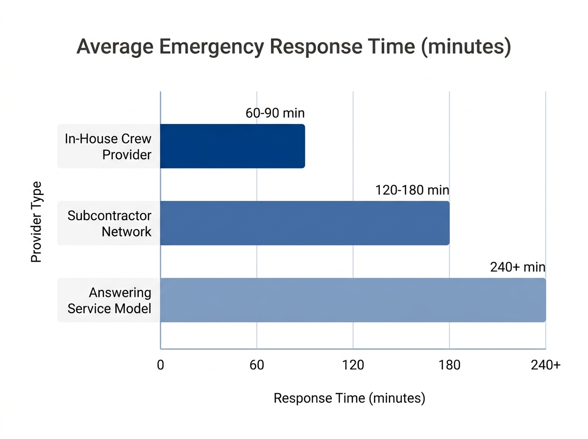 Bar chart comparing emergency plumbing response times: In-House Crew vs Subcontractor Network vs Answering Service, showing 60-90 minutes, 120-180 minutes, and 240+ minutes respectively