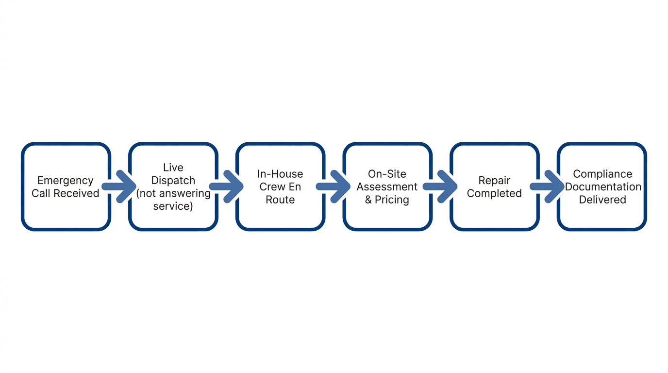 Flowchart showing emergency plumbing response workflow: Emergency Call → Live Dispatch → In-House Crew Assigned → Arrival & Assessment → Work Authorization → Repair Completed → Documentation Delivered