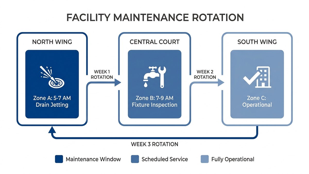 Zone-by-zone maintenance schedule showing rotating service windows across facility sections