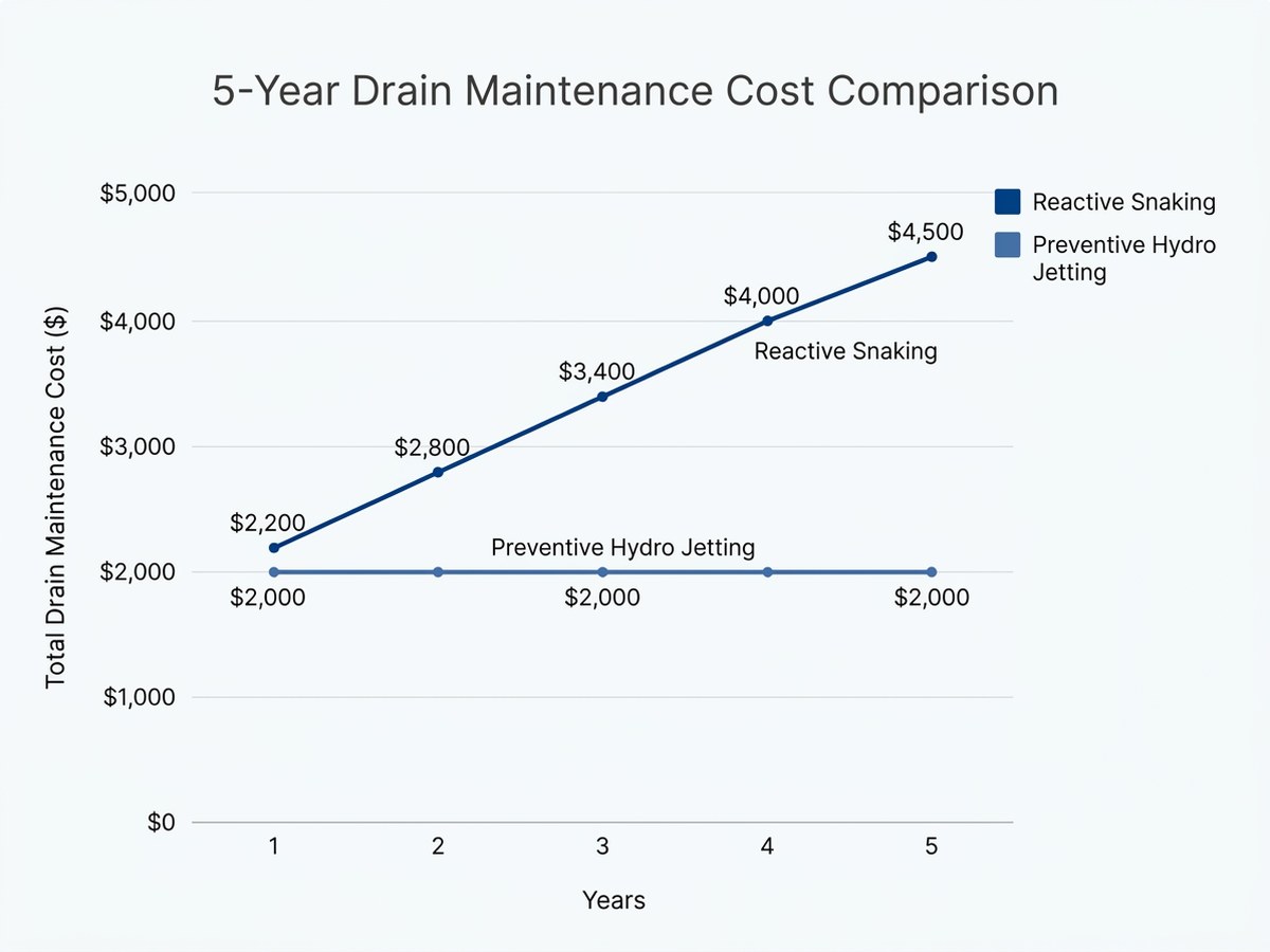 Cost comparison chart showing reactive snaking versus preventive hydro jetting over five years