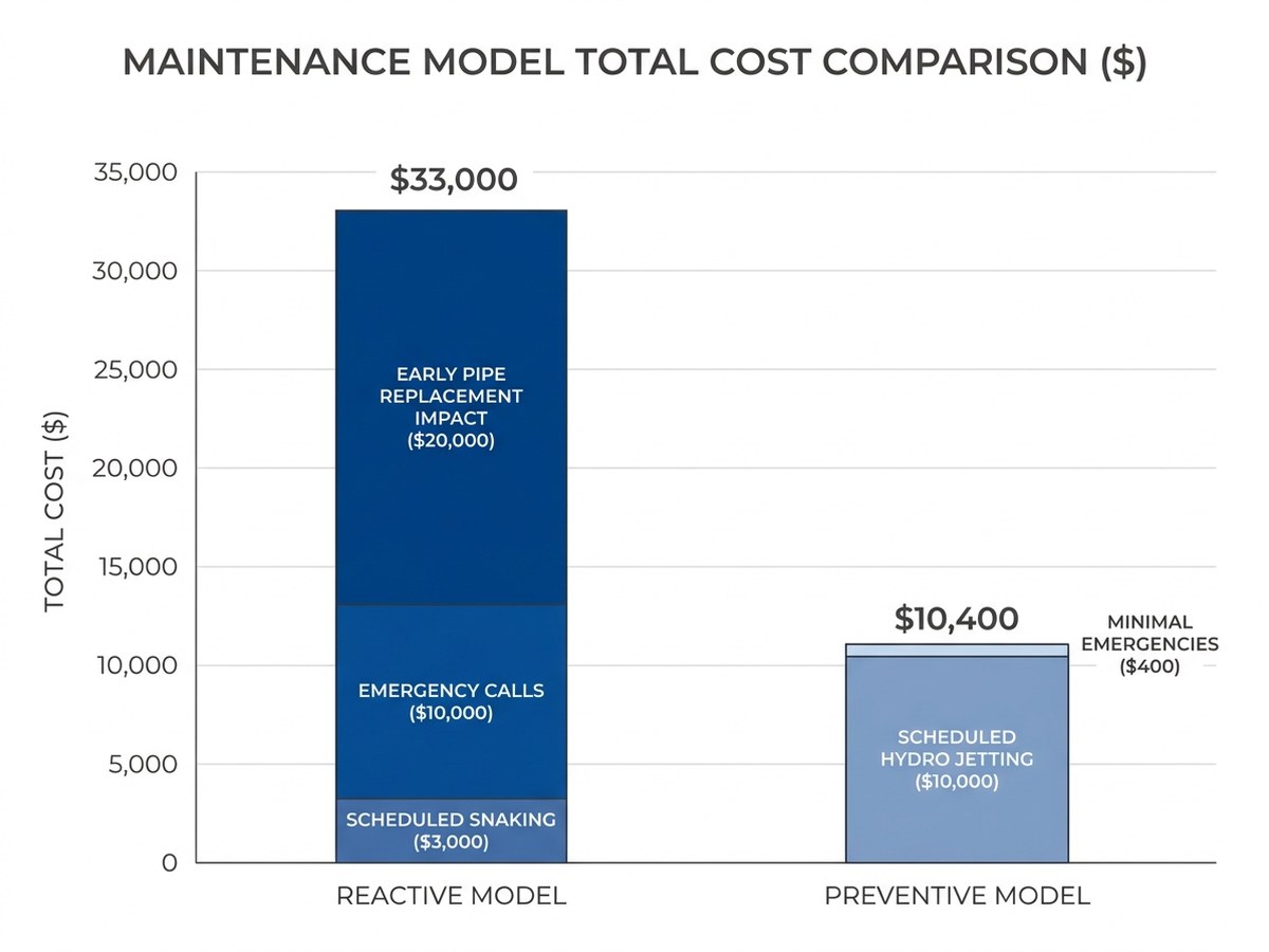 ROI comparison showing total five-year cost of reactive versus preventive drain maintenance