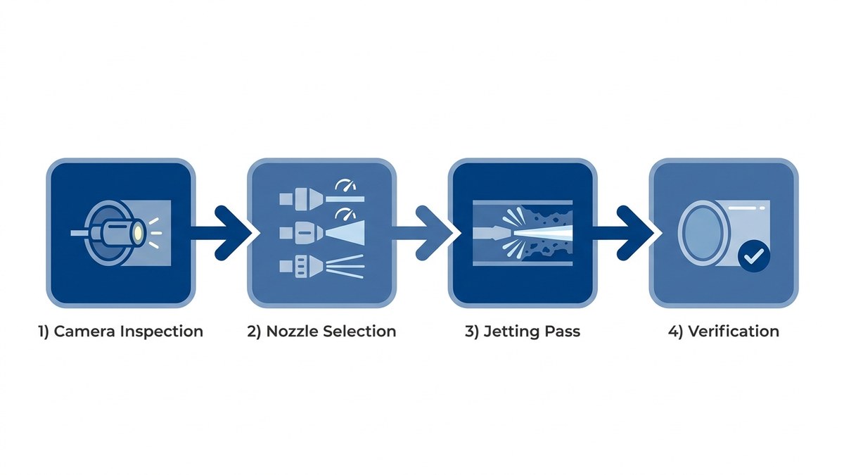 Step-by-step hydro jetting workflow diagram showing inspection through verification phases