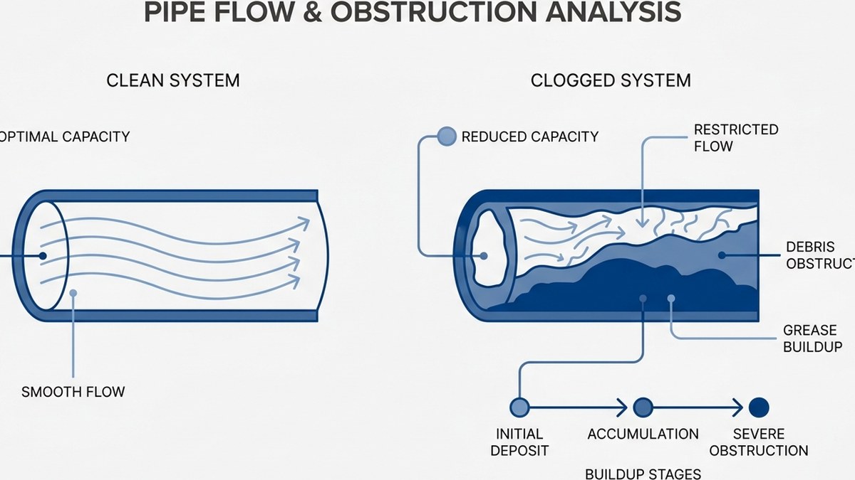 Comparison of clear drain versus clogged drain cross-section