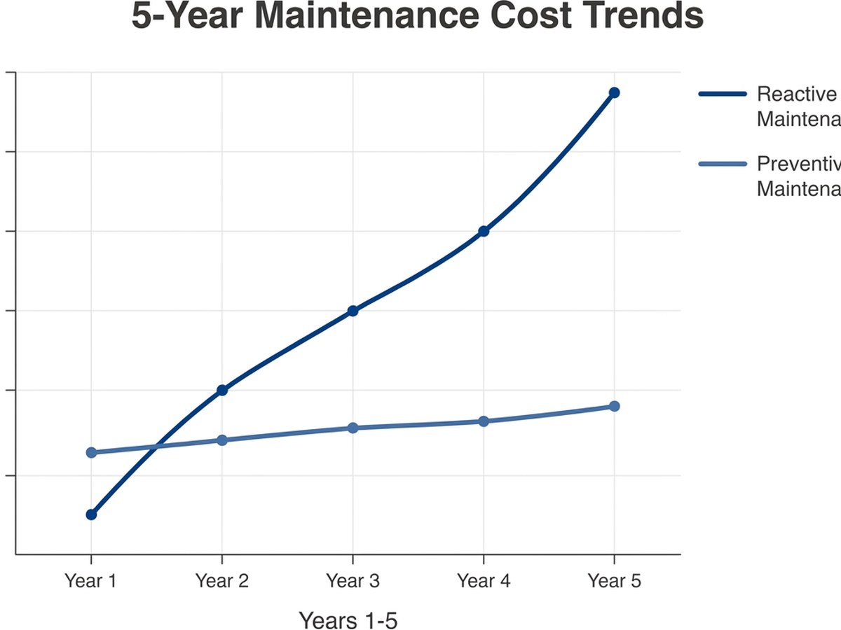 Comparison of reactive versus preventive maintenance costs over time