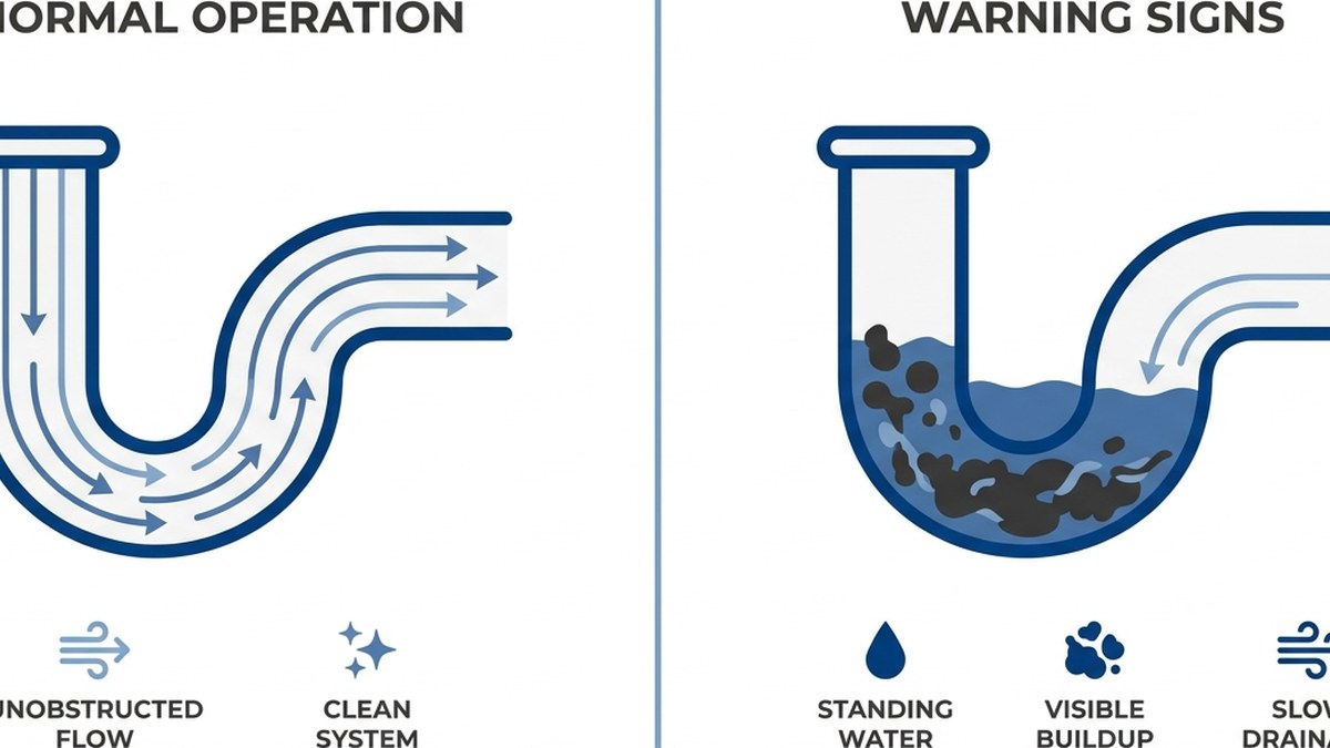 Comparison illustration showing normal drainage versus warning signs of system failure