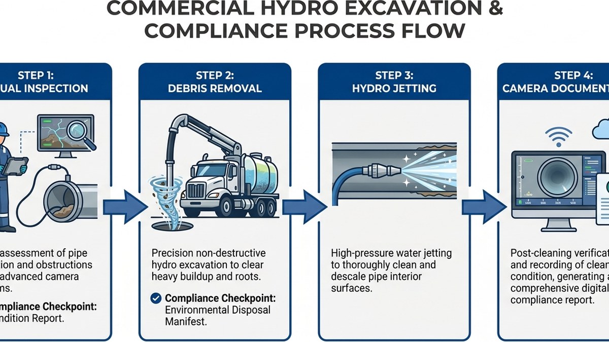 Flow diagram showing quarterly storm drain maintenance workflow from inspection through documentation