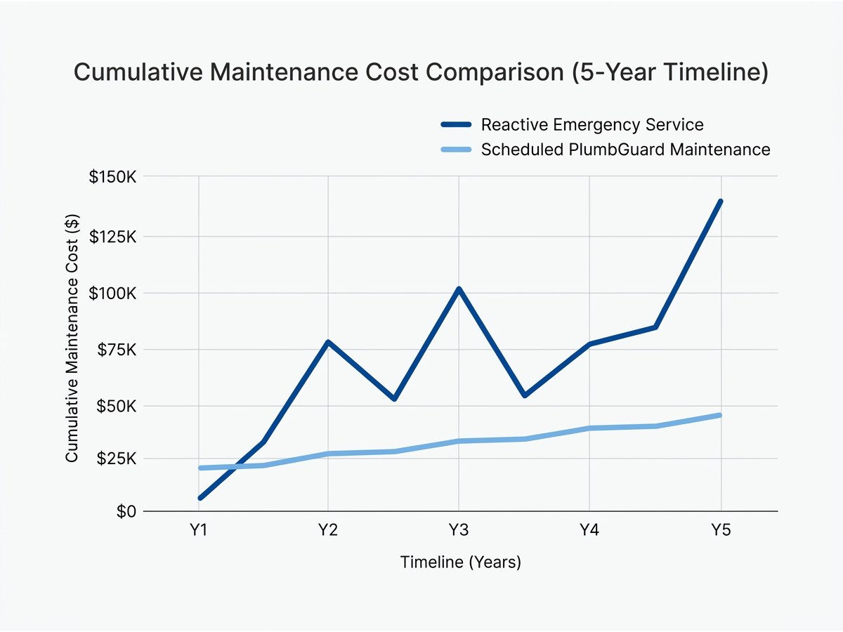 Line graph showing water heater maintenance cost comparison over five years between reactive emergency service and scheduled preventive maintenance