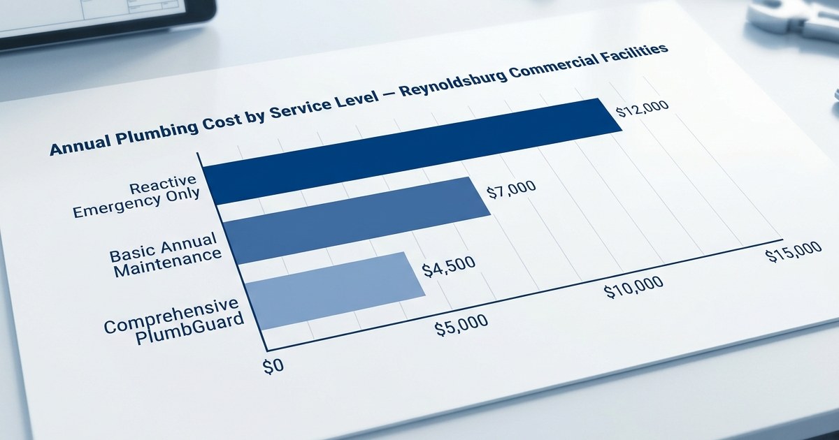 Bar chart comparing annual plumbing costs for three facility types: reactive emergency service only, basic annual maintenance, and comprehensive PlumbGuard coverage