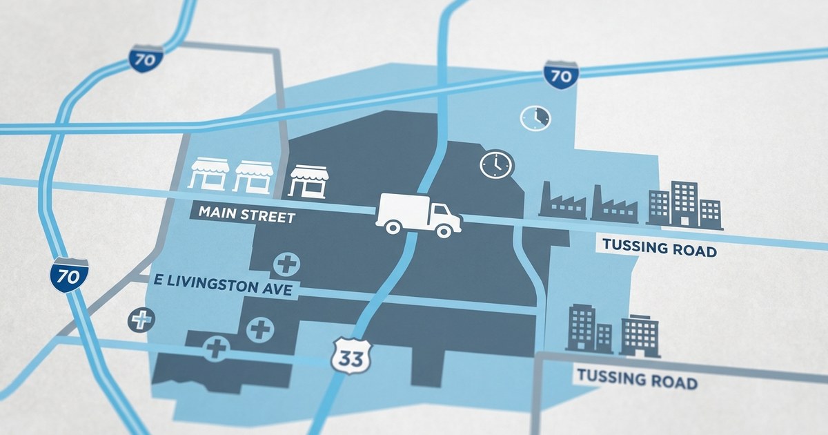 Map showing PDP service coverage across Reynoldsburg commercial districts with marked locations for retail, healthcare, industrial zones and response time zones