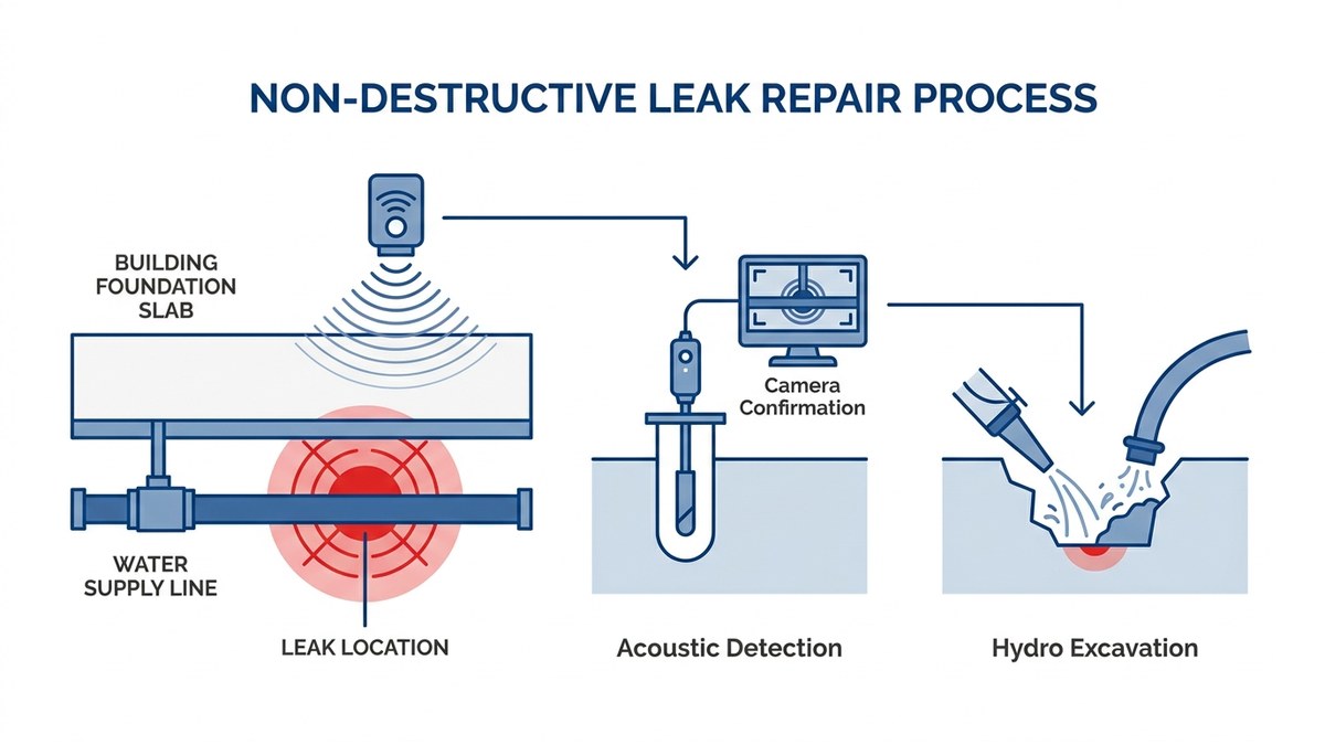 Diagram showing cross-section of commercial building foundation with slab leak detection process: acoustic sensor locating leak, camera inspection confirming damage, hydro excavation exposing pipe