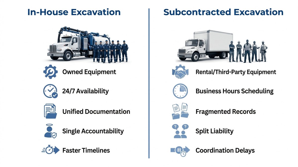 Comparison illustration showing in-house versus subcontracted project characteristics side by side