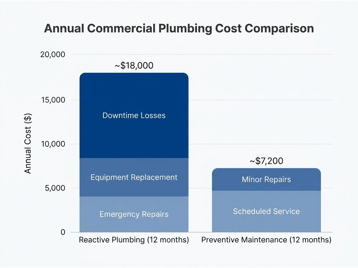 Bar chart comparing reactive plumbing costs vs preventive maintenance costs over 12 months
