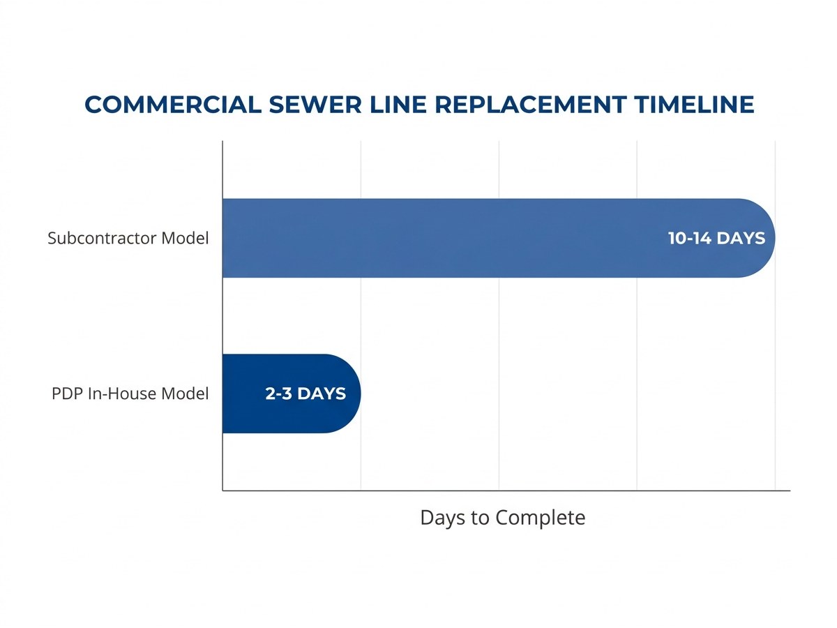 Timeline comparison showing subcontractor model at 10+ days versus PDP in-house model at 2-3 days for sewer line replacement