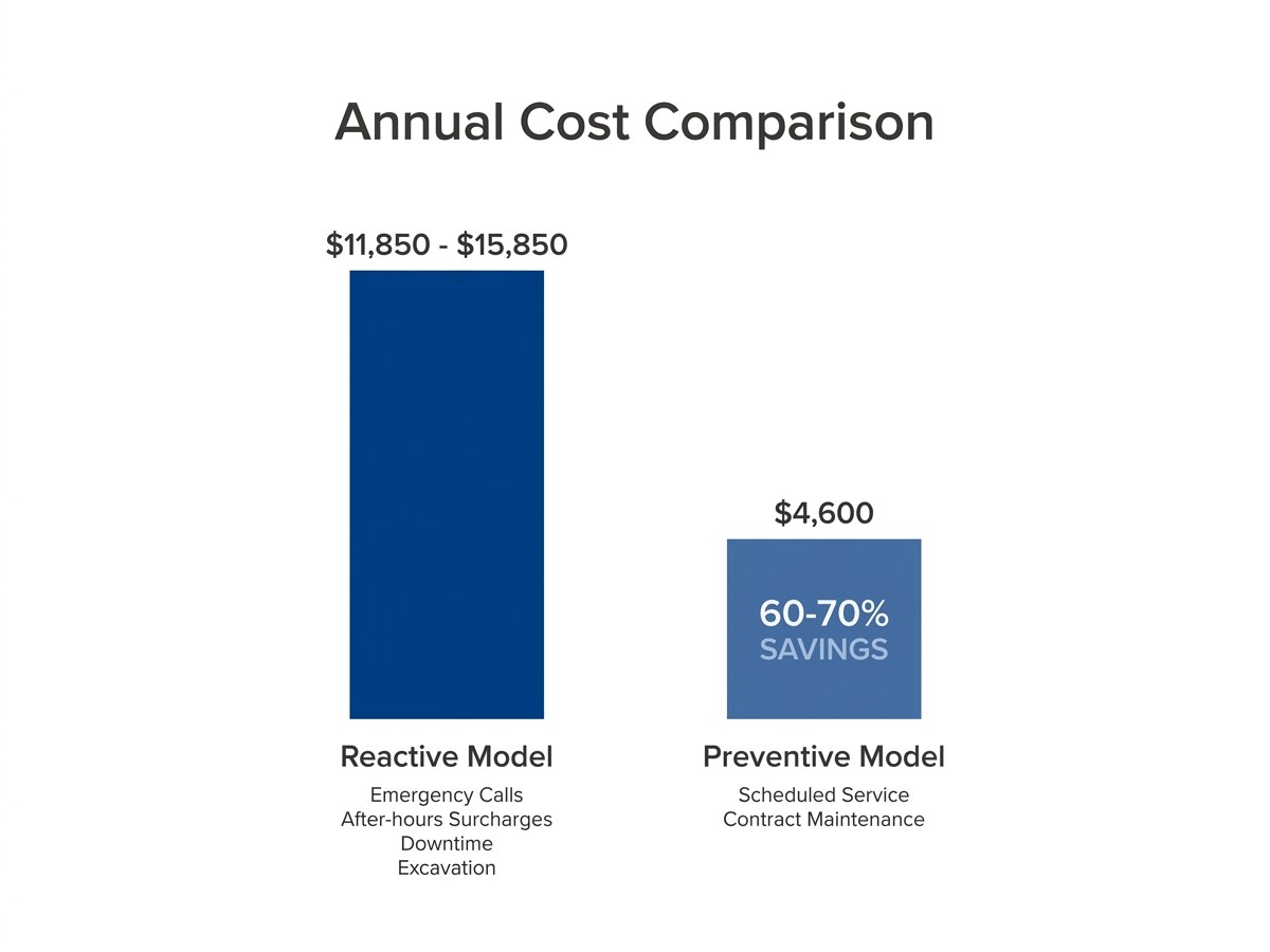 Cost comparison chart showing reactive vs. preventive drain maintenance annual expenses for commercial facilities