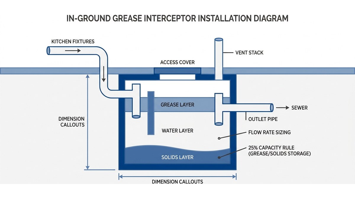 Diagram showing grease interceptor sizing and placement requirements for commercial kitchens