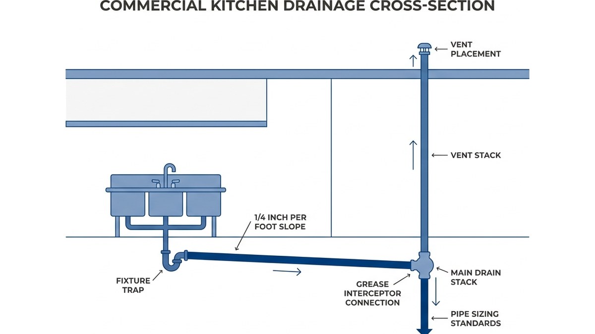 Diagram showing proper drainage slope and vent stack configuration for commercial kitchen