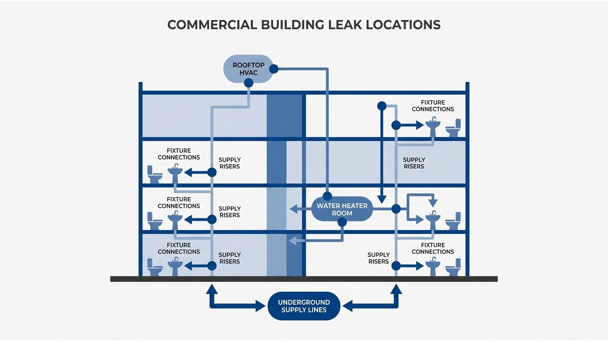Diagram showing common sources of water damage in commercial facilities