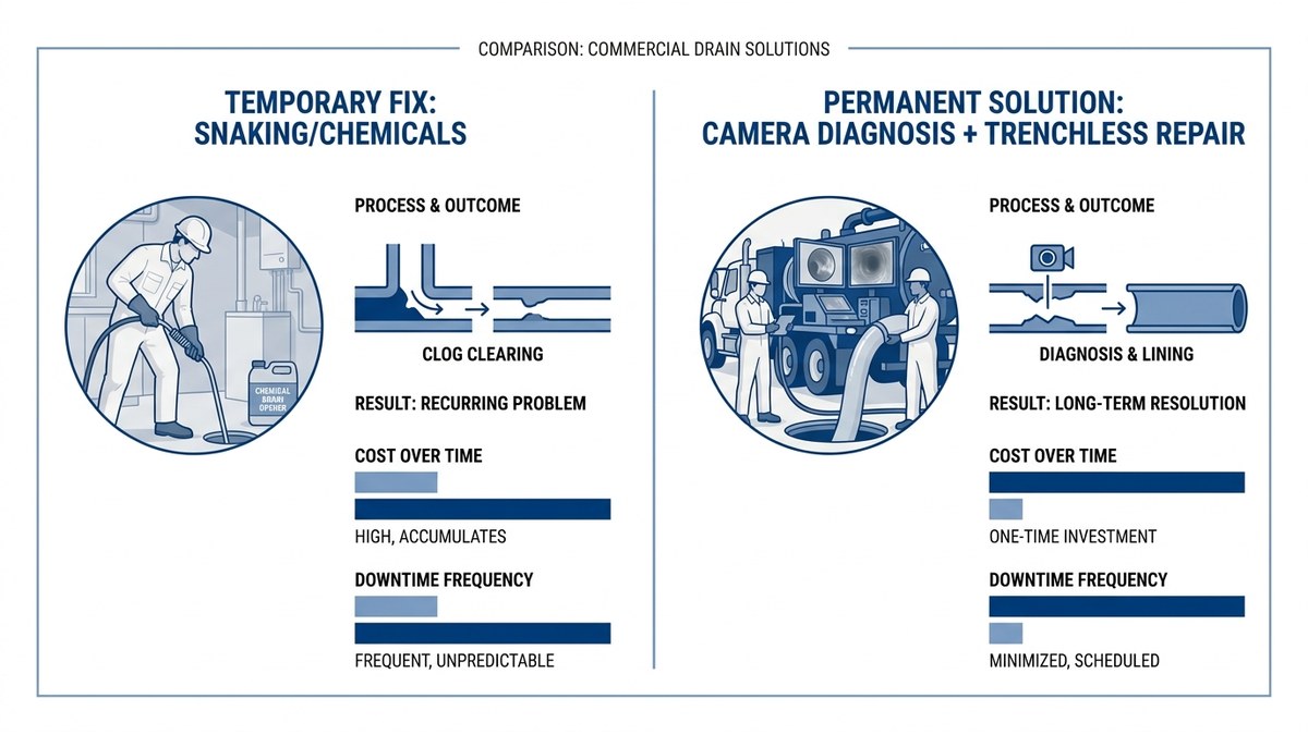 Comparison chart showing temporary fixes versus permanent solutions for recurring clogs