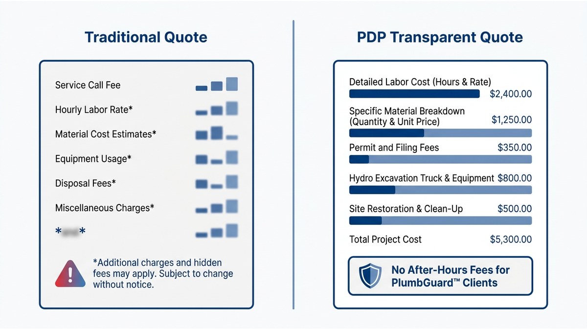 Comparison chart showing cost factors in traditional vs. transparent plumbing quotes
