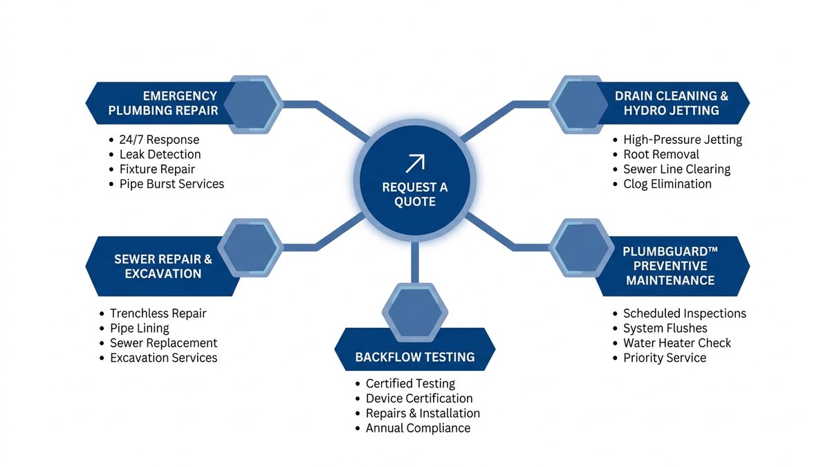Service scope diagram showing the range of commercial plumbing and excavation services available for quote requests