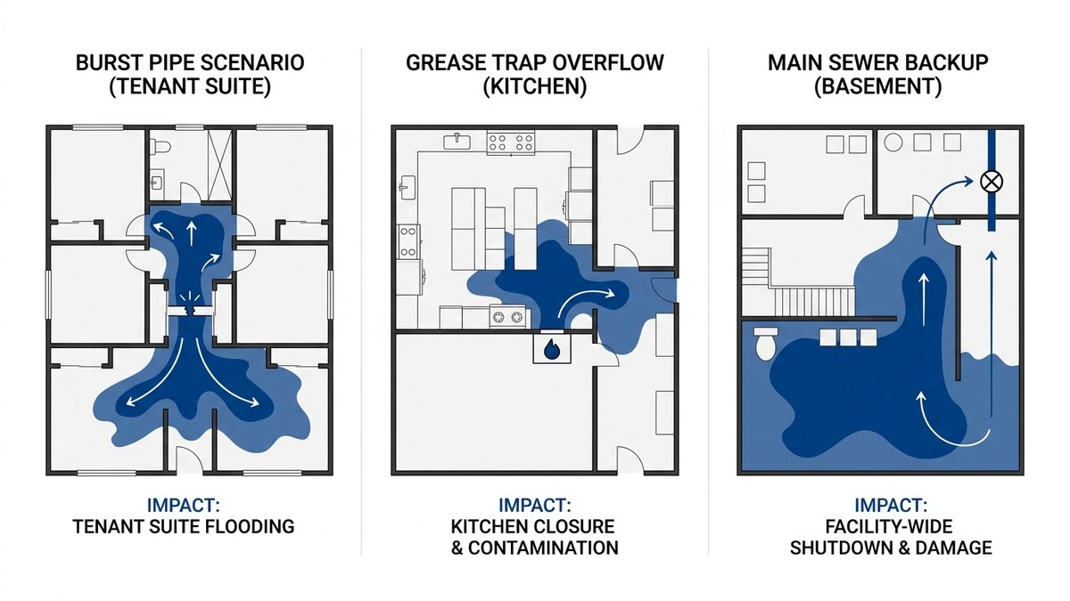Emergency scenarios comparison showing burst pipe, grease trap overflow, and sewer backup with labeled impact zones