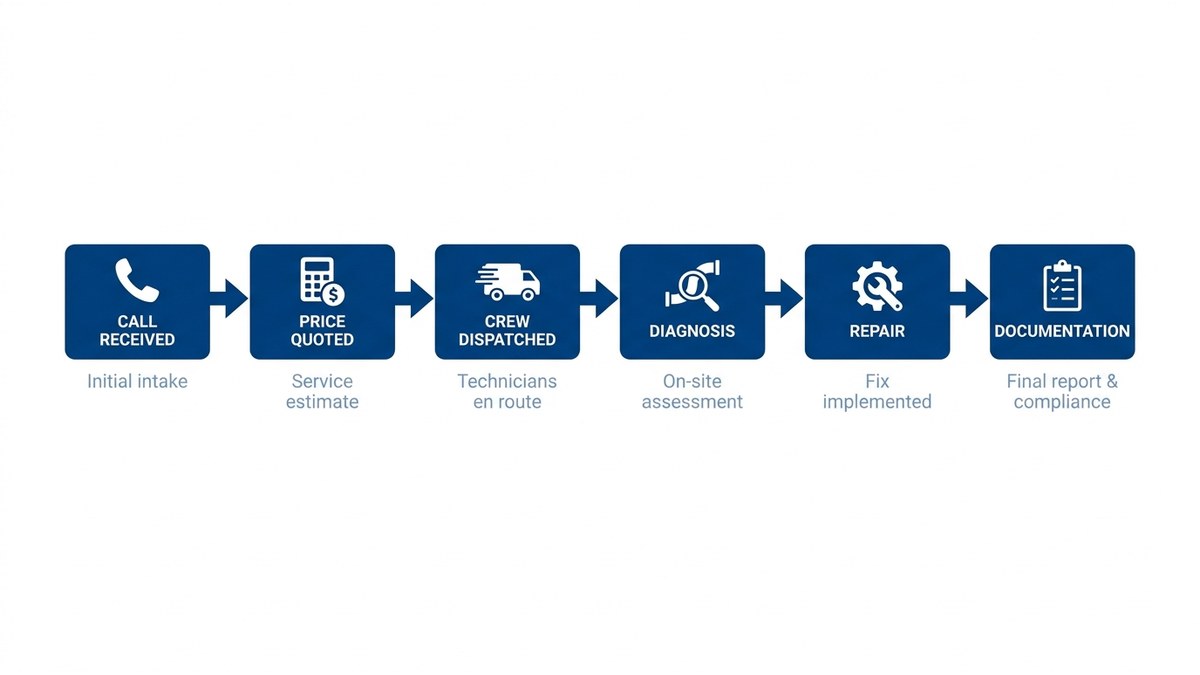 Emergency call process flowchart showing steps from initial call through completed repair