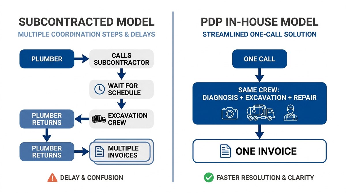 Comparison: Subcontracted excavation workflow versus PDP in-house model