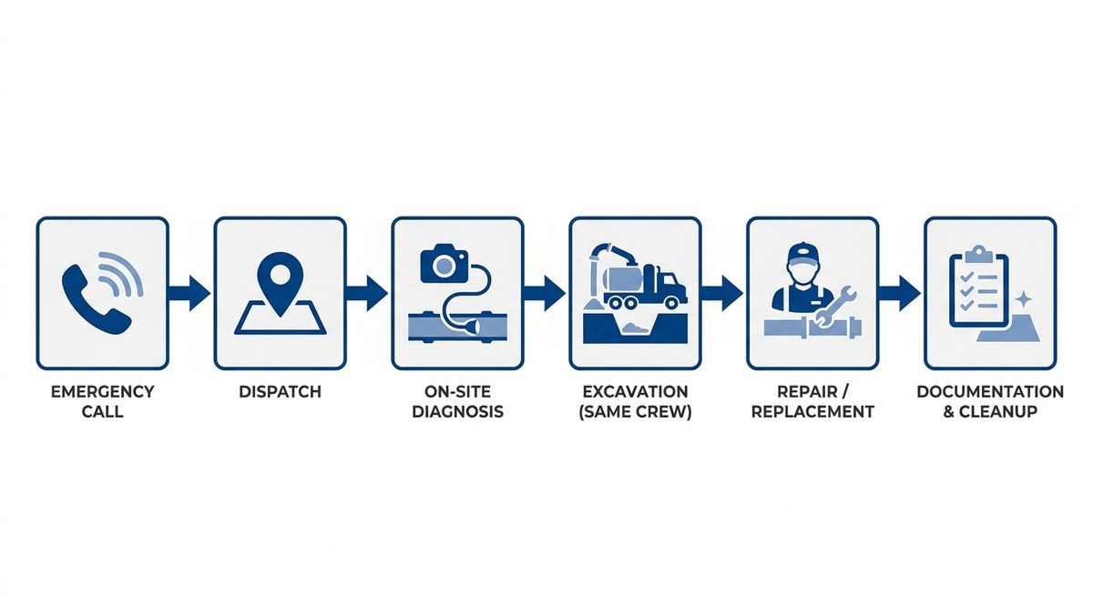 Diagram: PDP in-house excavation process flow from emergency call to completed repair