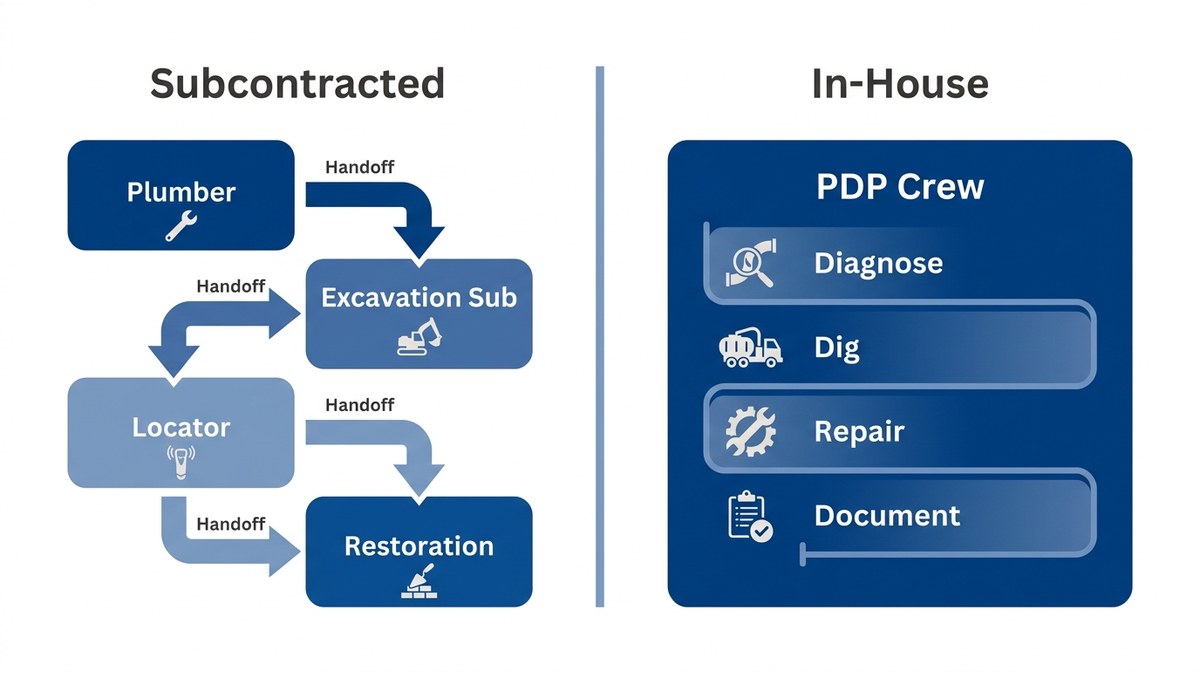 Comparison of a subcontracted excavation handoff chain versus a single in-house crew