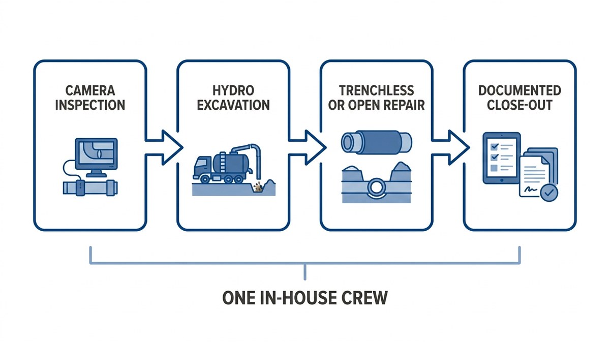 Flowchart of the in-house chain from camera inspection to hydro excavation, repair, and documented close-out