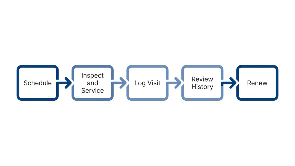 Five-step cycle of a PlumbGuard visit from scheduling to annual renewal