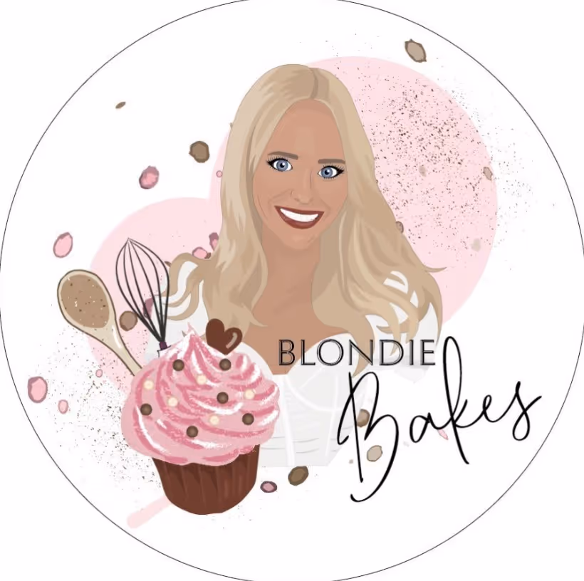 Illustration of a smiling blonde woman with baking tools, cupcake, and text 'Blondie Bakes'.