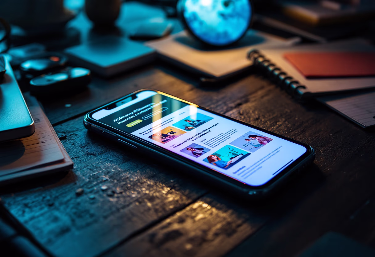 [digital project] image of a mobile device on a cluttered desk with a website for ai developer tools