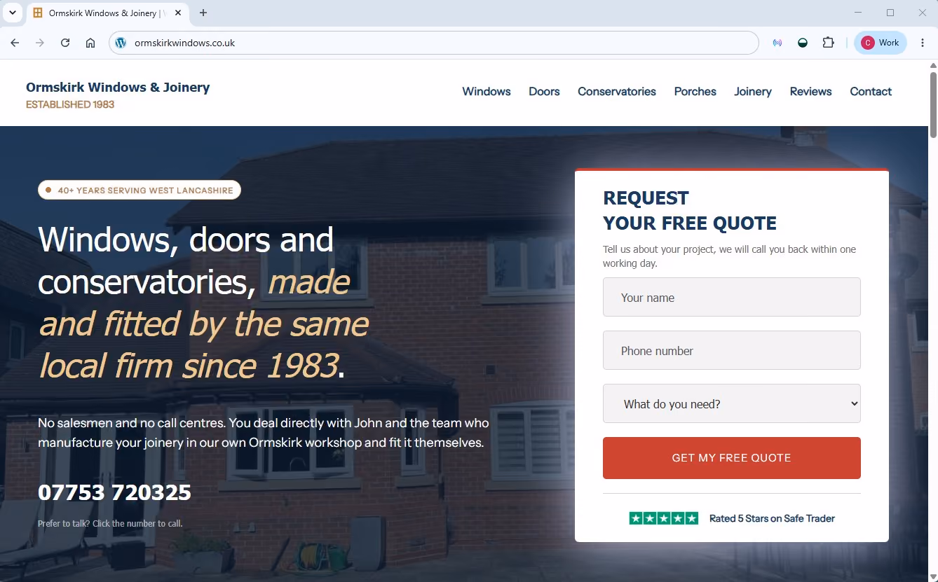 Website homepage for Ormskirk Windows & Joinery designed by Growth Works.