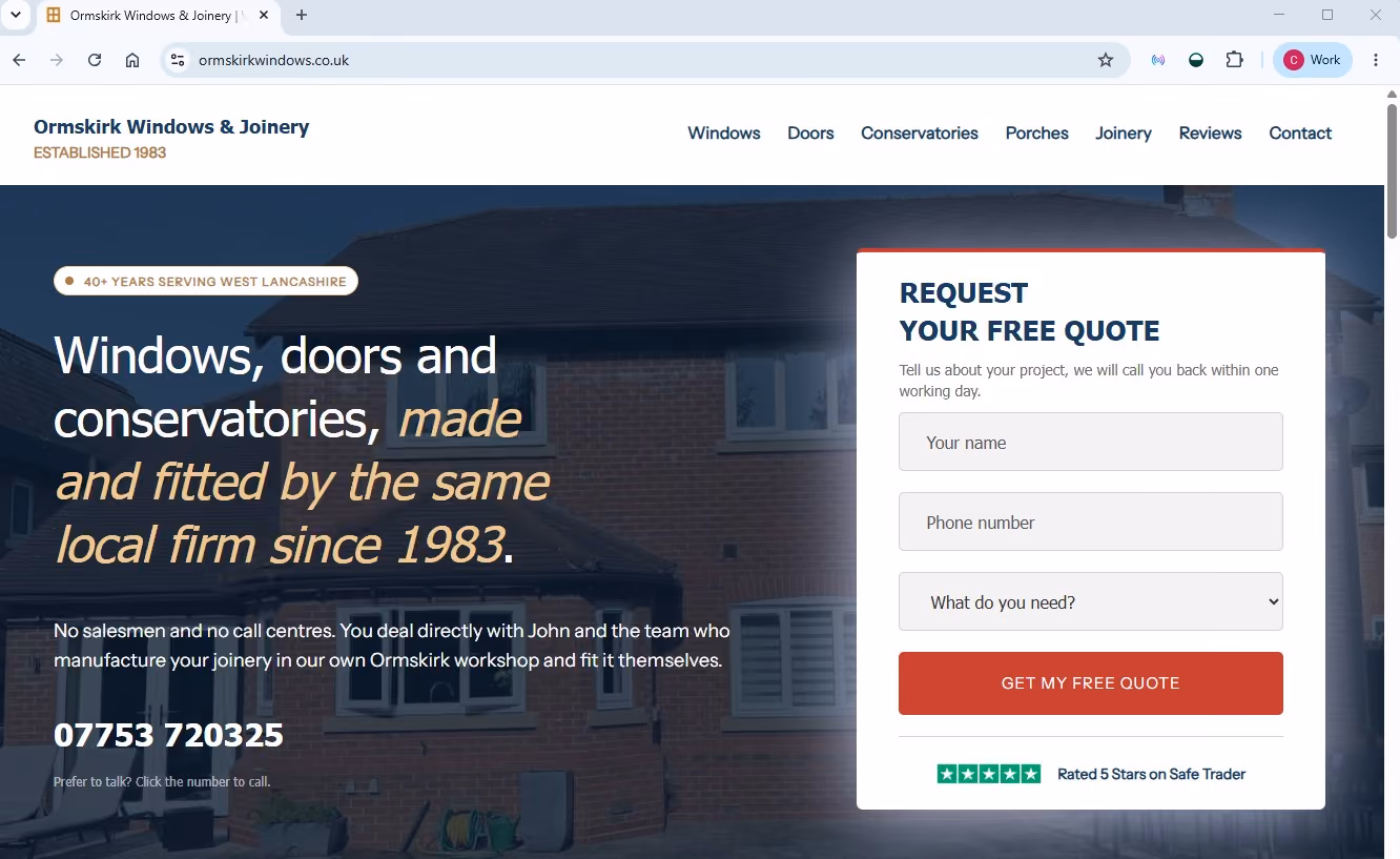 Website homepage for Ormskirk Windows & Joinery designed by Growth Works.