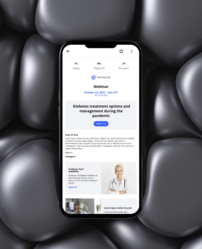 Mobile mockup displaying a webinar email campaign created for life sciences communication