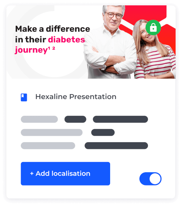 CAM presentation card showing localization options for a locked diabetes campaign asset
