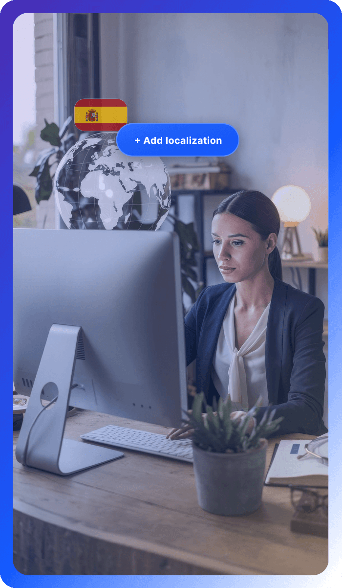 Global-to-local localization workflow showing a Spanish market version being added to content