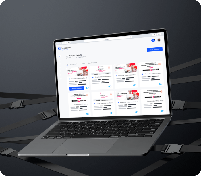CAM project dashboard showing CLM presentations, email assets and landing pages managed in one workspace