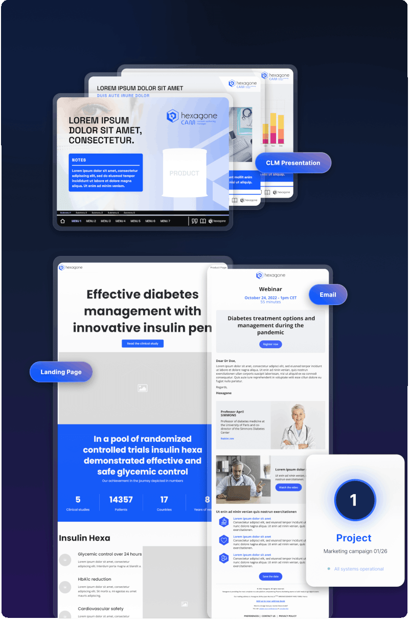 CAM content outputs including a CLM presentation, landing page, email and project for omnichannel activation