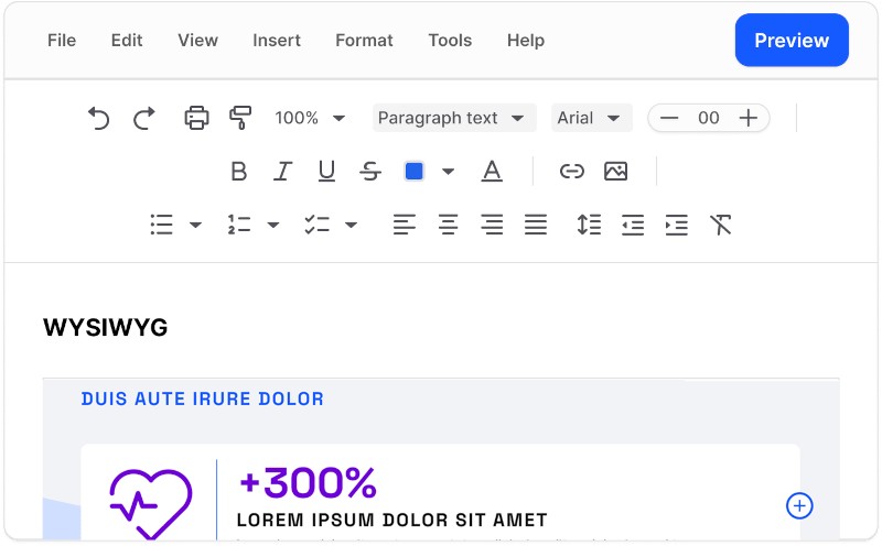 CAM WYSIWYG editor showing formatting controls and a live content preview