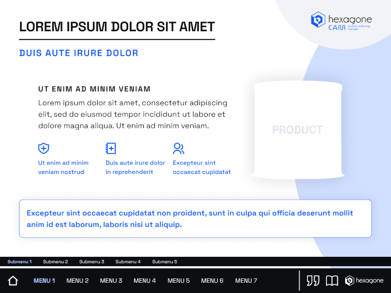 CLM presentation template showing product content, navigation menus and reusable content blocks