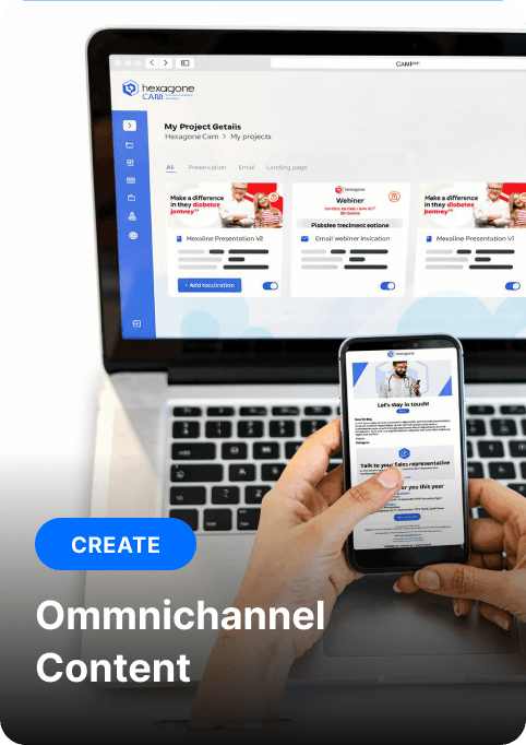 Hands holding a smartphone and using a laptop, showcasing the creation of omnichannel content and project management.